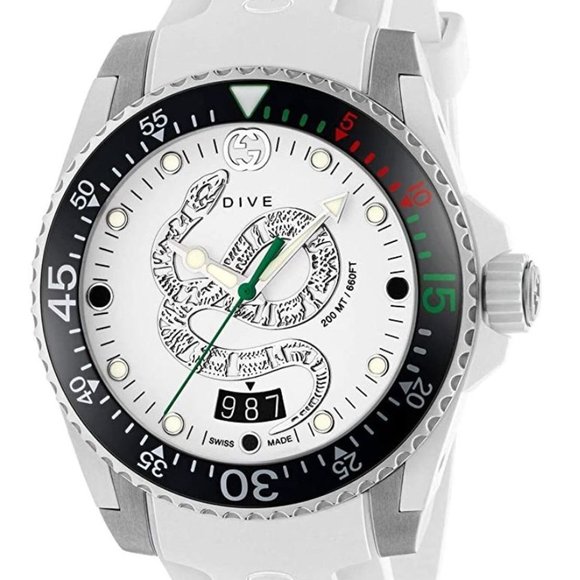 Gucci Dive NEW White Snake Motif Rubber Band Men's/Unisex Watch, 40mm, YA136330 - Picture 1 of 6